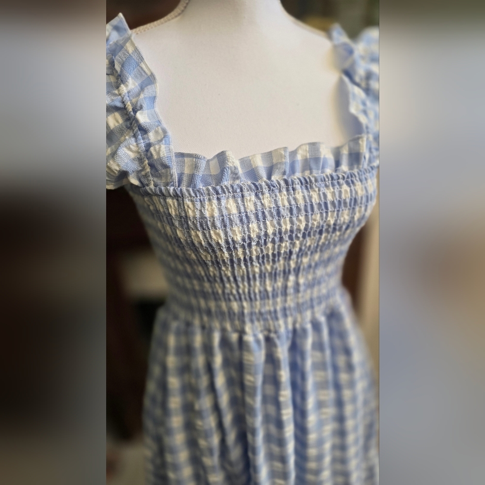 Smocked Square Neck Dress - Light Blue Gingham Size M-L - Picture 2 of 7